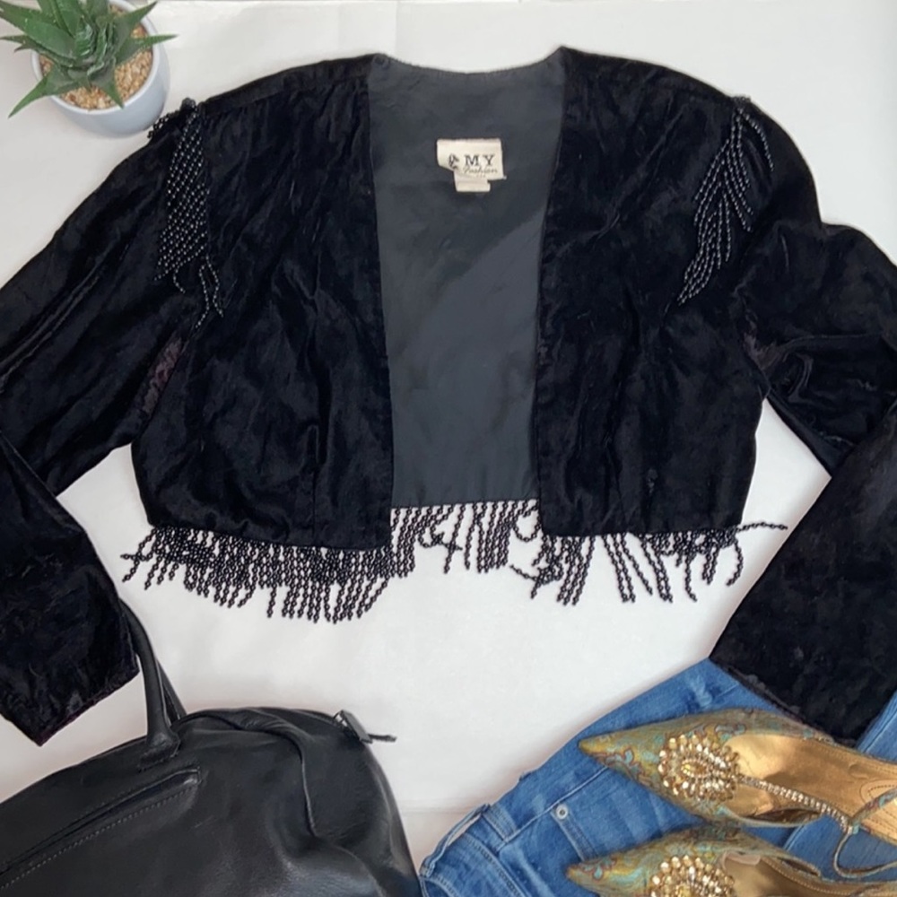 Vintage black velvet bolero jacket with fringe beads and shoulder pads